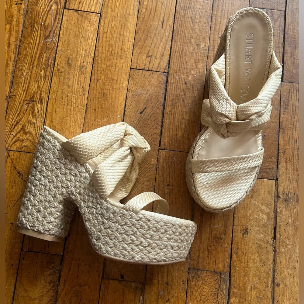 Stuart Weitzman Playa Sohigh Knot Platform Sandals Beige Sz 9
